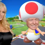 Donald Trump’s face on Toad the Mushroom from Mario Kart, standing next to Stormy Daniels